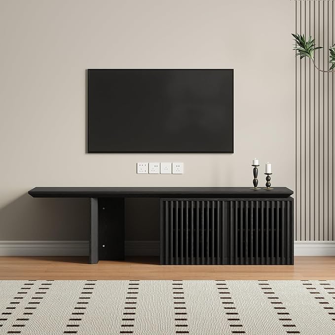 XEW Extendable TV Stand with Storage and Shelves, Wood Entertainment Center for 55+ Inch TV, Modern TV Console, Minimalist Media Console for Living Room, Bedroom-Black (Extendable: 60.6"-84.3")
