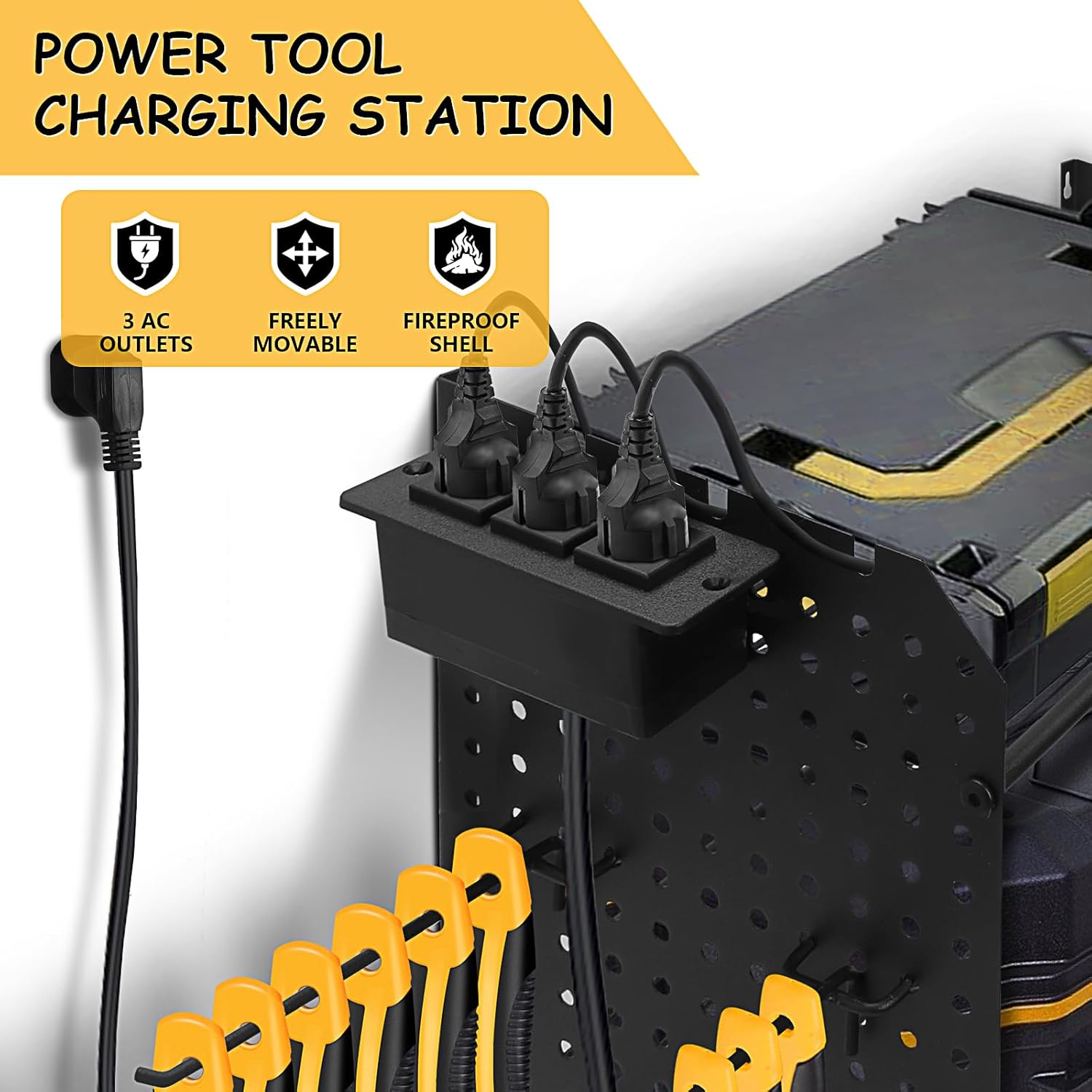 Power Tool Organizer Wall Mount, 3 Layer Tool Storage Rack, Drill Bit Heavy Duty Rack, Heavy Duty Metal Power Tools Storage Rack Tools Shelf with Charging Station for Garage Organization