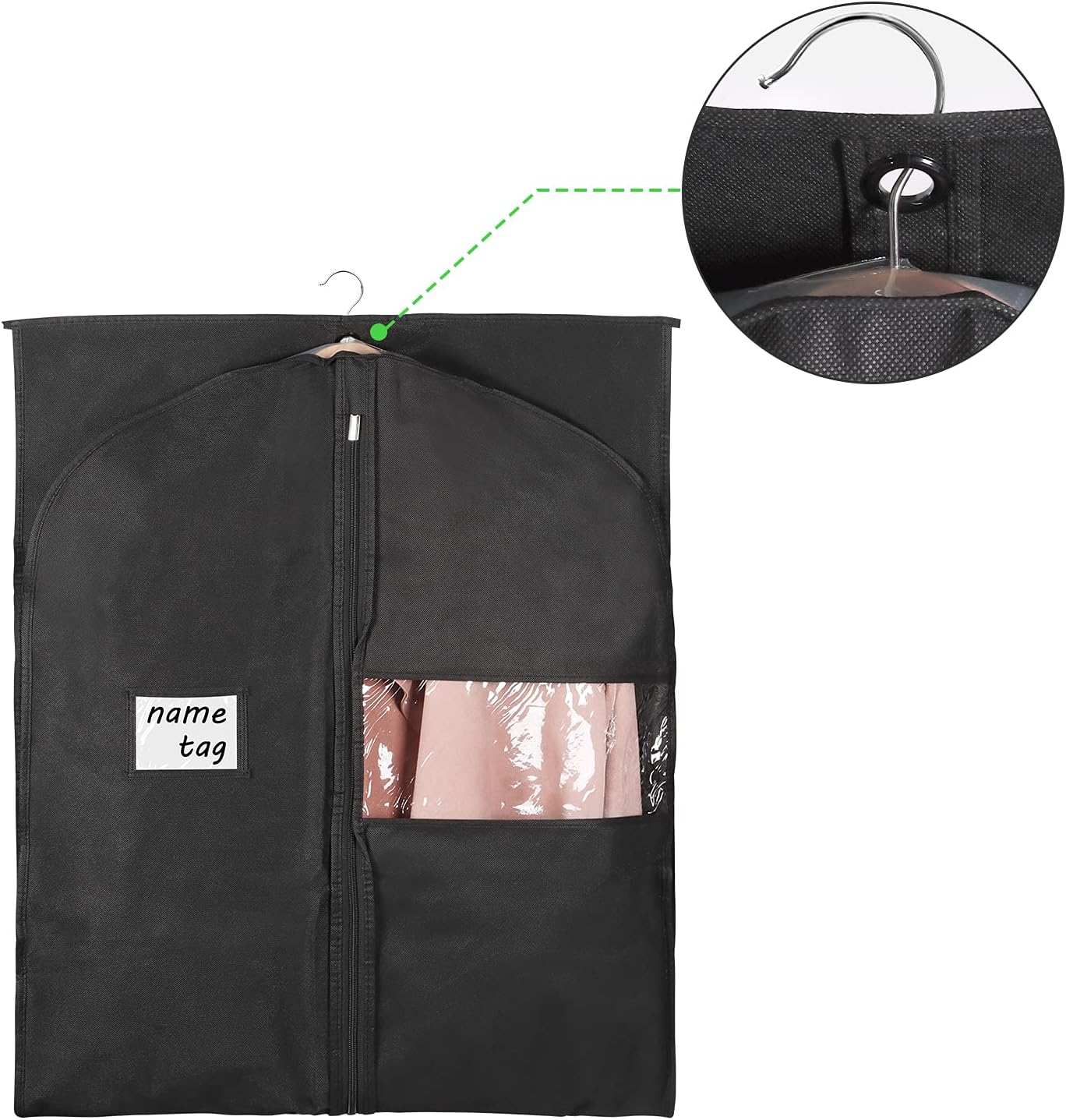 KEEGH Garment Bags for Hanging Clothes 60" (Set of 6) Dress Bags for Gowns Long Dress Bags for Closet Storage with Zipper and Eye-Hole for Folding for Suit Coats Dresses, Black | Transparent Window, Full Zipper, Label Pocket, Eye-Hole for Folding, Dress