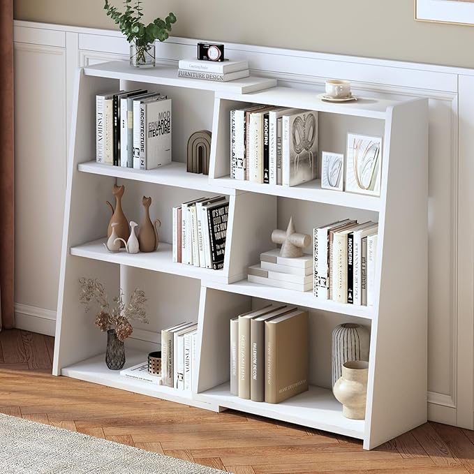 IOTXY Wooden Extendable Shelf Bookcase - 3-Tier Ladder Low Short Bookshelf for Small Space or Corner, White, S