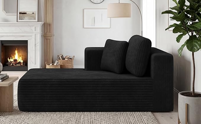KINGYES Boneless Chaise Lounge Chair for Modular Sectional Sofa, L Shape Corduroy Upholstered Chaise Lounge for Living Room, Black