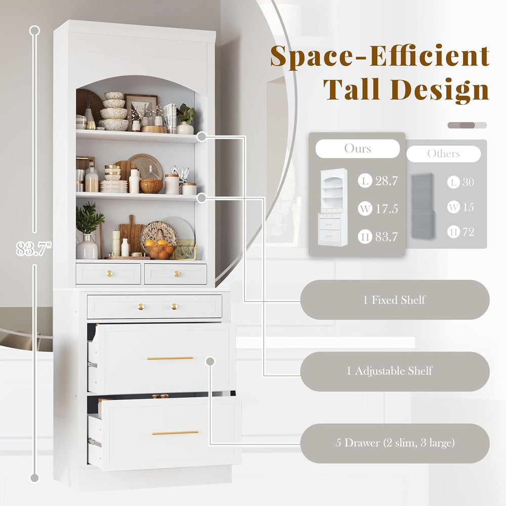 Set of 2 Tall Kitchen Pantry Storage Cabinet with Faux Marble Top, Freestandi...
