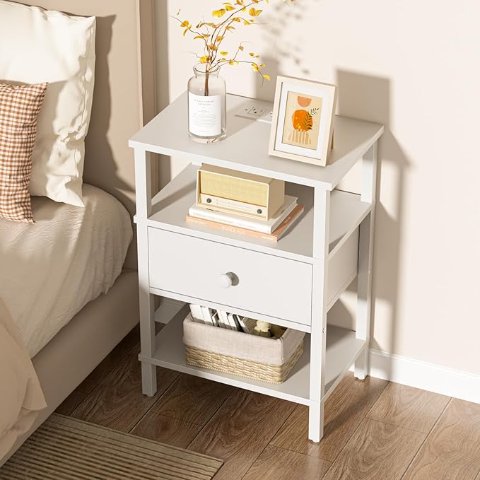Lerliuo Nightstand Set of 2 with Charging Station and USB Ports, 3-Tier Stora...