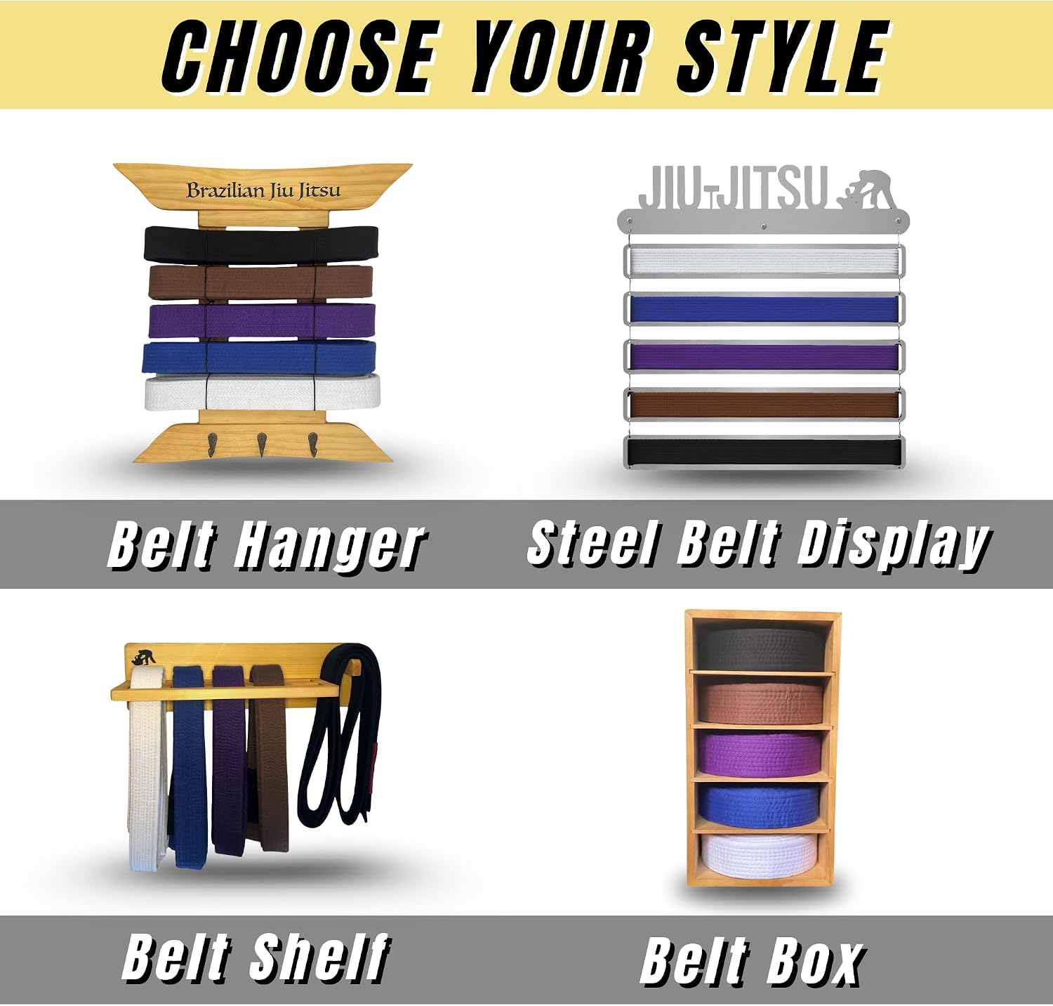 Alley Cats Brazilian Jiu Jitsu Belt Display | Pine Belt Box | 5 BJJ Belt Display Case | White to Black Belt Rack | Martial Arts Jiu Jitsu Belt Holder | Gifts for Jiu Jitsu Practitioners | OSS