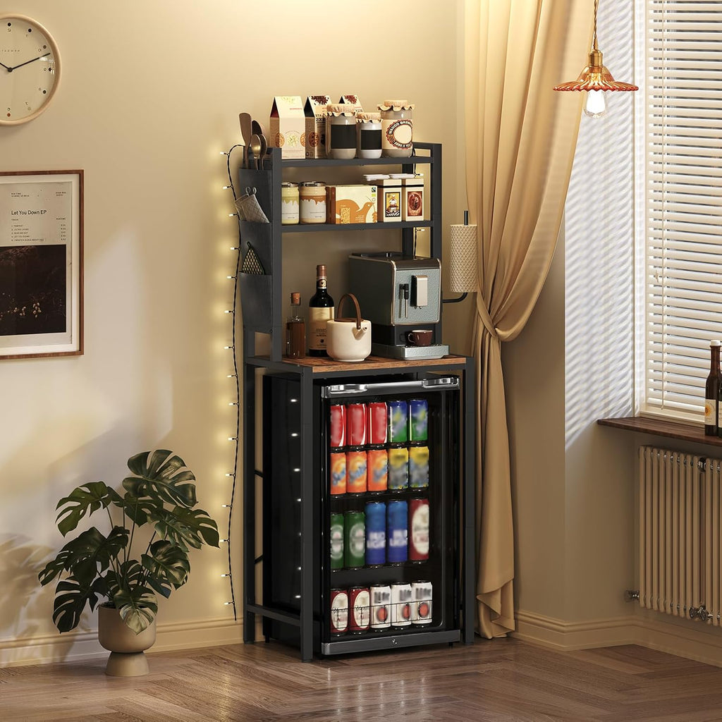 MAHANCRIS Bakers Rack with Mini Fridge Shelf, 3-Tier Microwave Stand, Coffee Bar Station with Paper Holder, Freestanding Kitchen Storage Rack, for Kitchen, Rustic Brown and Black BRHR5401
