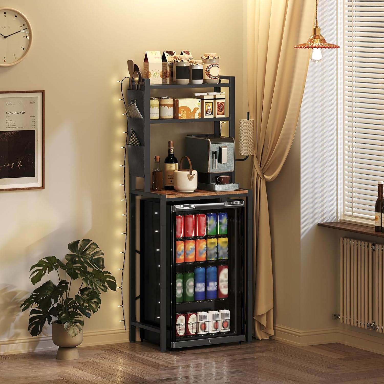 MAHANCRIS Bakers Rack with Mini Fridge Shelf, 3-Tier Microwave Stand, Coffee Bar Station with Paper Holder, Freestanding Kitchen Storage Rack, for Kitchen, Rustic Brown and Black BRHR5401