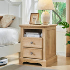T4TREAM Nightstand with Charging Station, 18 Inch Vintage End Table with 2 Drawers, Wood Rustic Sofa Side Table with Open Storage Shelf for Bedroom, Living Room, Natural Oak