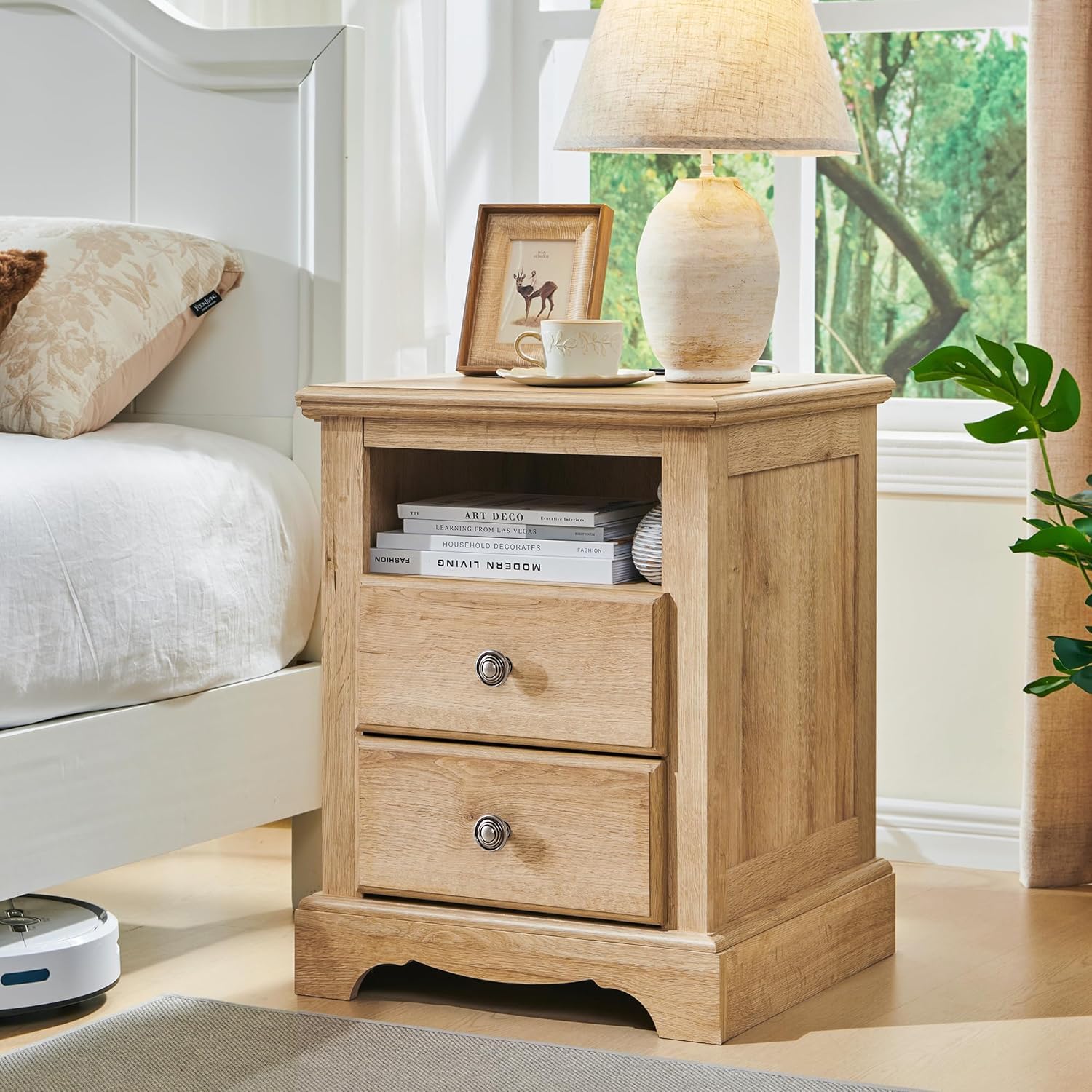T4TREAM Nightstand with Charging Station, 18 Inch Vintage End Table with 2 Drawers, Wood Rustic Sofa Side Table with Open Storage Shelf for Bedroom, Living Room, Natural Oak