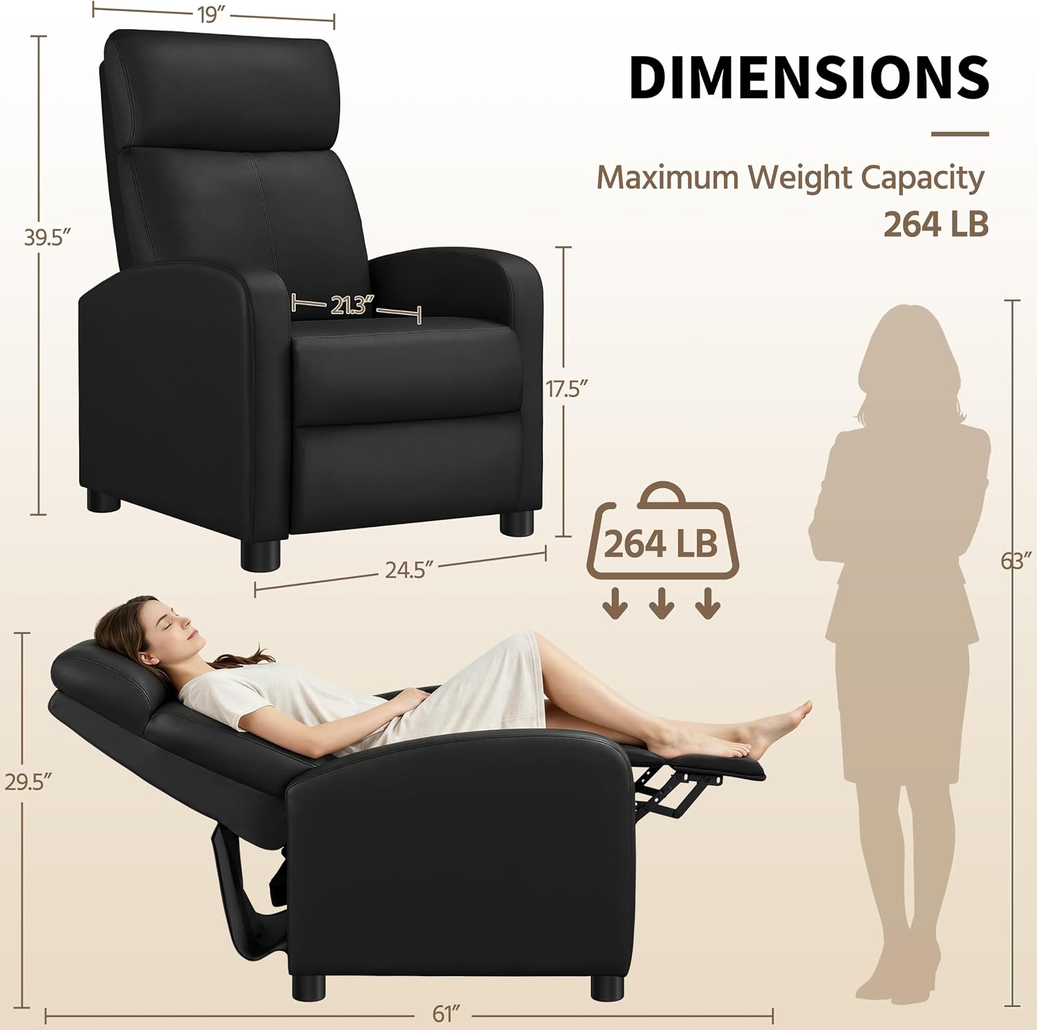 Yaheetech Recliner Chair PU Leather Recliner Sofa Home Theater Seating with Lumbar Support Overstuffed High-Density Foam & Pocket Springs, Push Back Recliners Armchair for Living Room