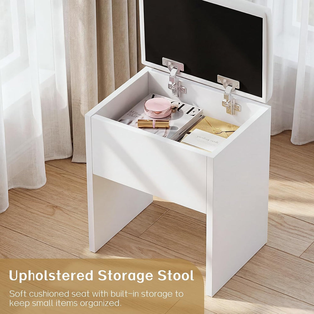 Haewon Vanity Desk Set with LED Mirror, Storage Chair, White Makeup Table | B...