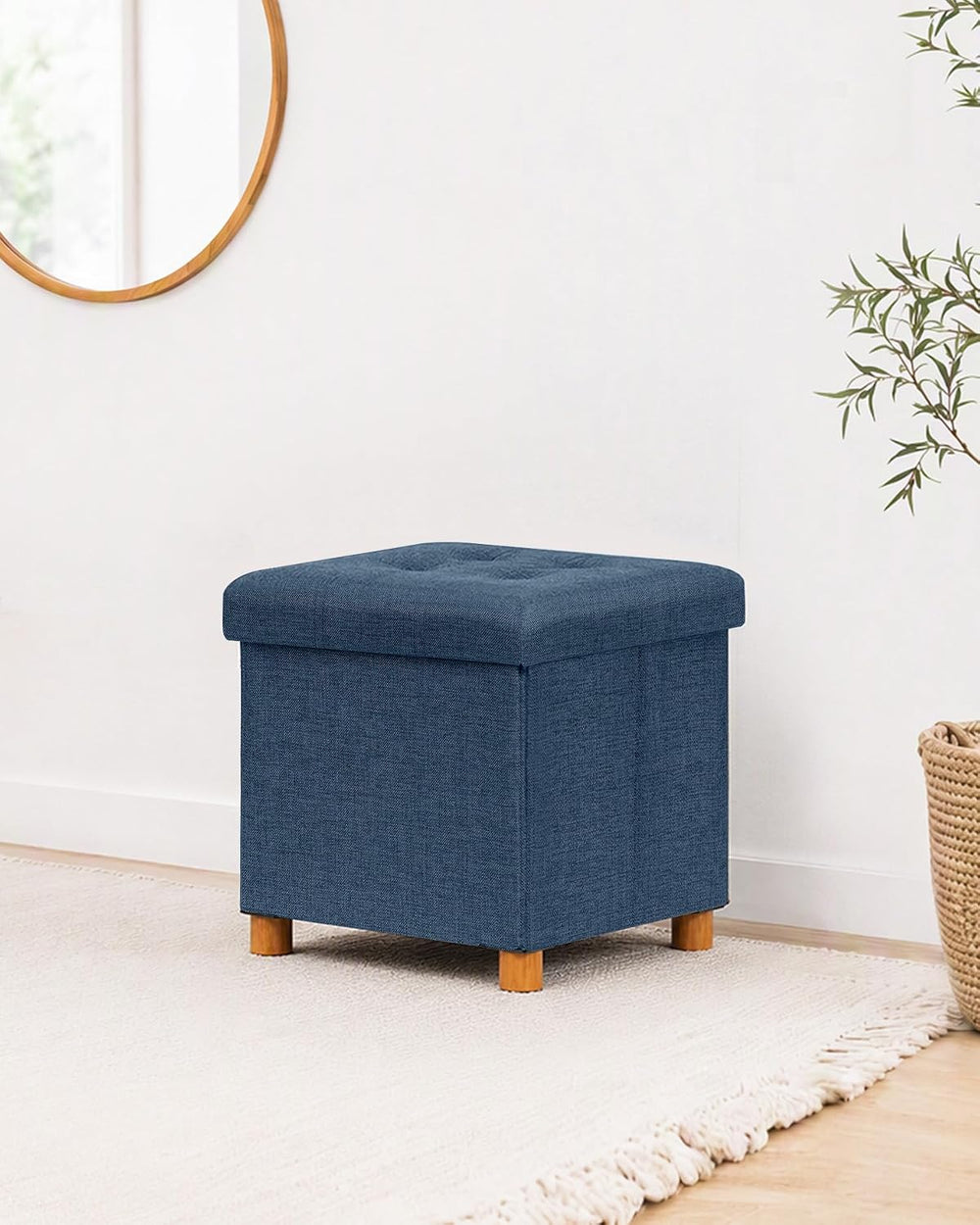 B FSOBEIIALEO 15" Square Storage Ottoman with Tray, Wood Legs, Linen Blue