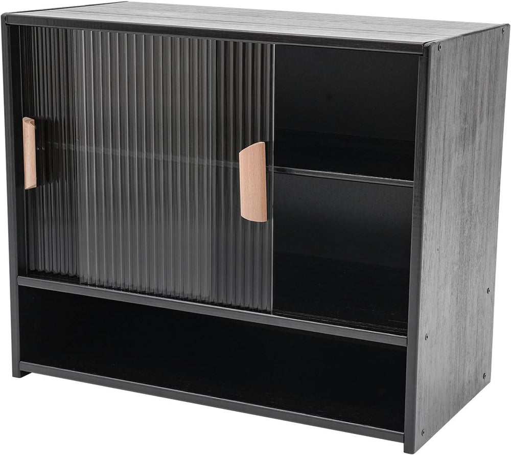 Countertop Storage Cabinet with 2 Sliding Striped Glass Doors, Freestanding K...