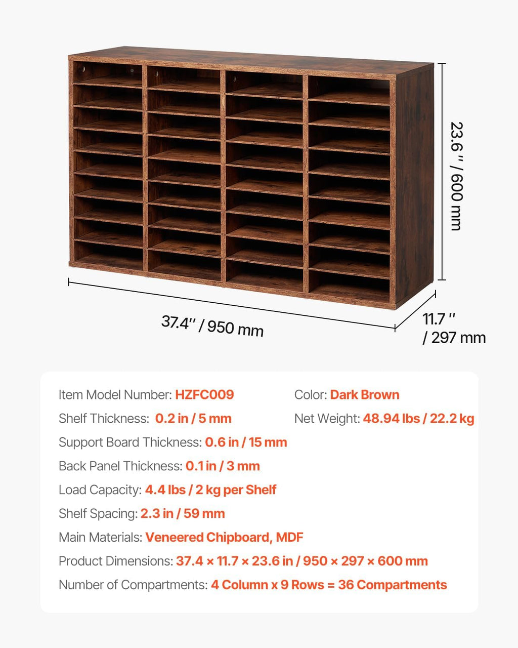 VEVOR Literature Organizer, 36 Compartments Office Mailbox with Removable Shelves, Wood Mailbox Sorter Particle Board Office Home Classroom Storage, File Sorter for File, Document, Paper, Retro Brown