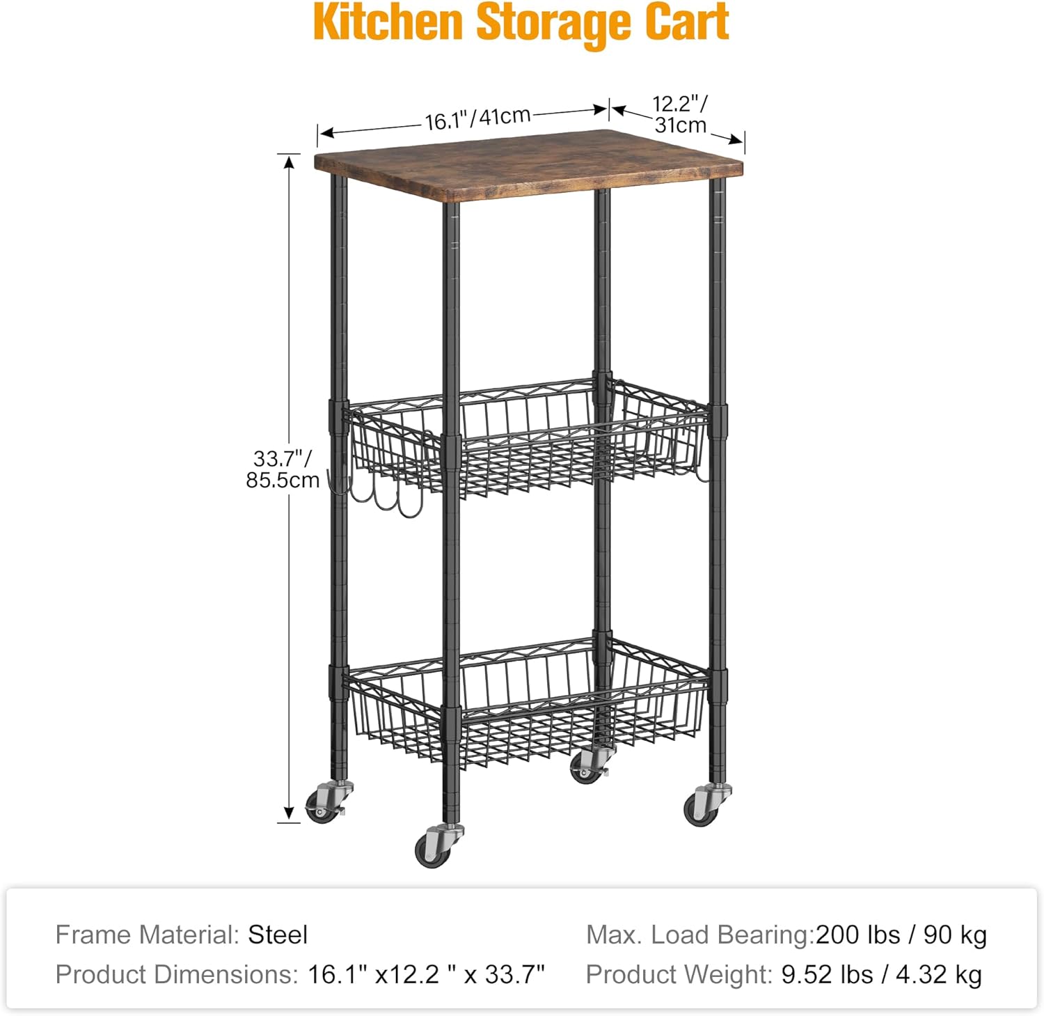 Homeiju Rolling Kitchen Storage Cart, 3-Tier Storage Rack on Caster Wheels with Adjustable 2 Baskets, Coffee Station Cart Rack Shelf Organizer for Living Room Office, Balcony, Rustic Brown/Black
