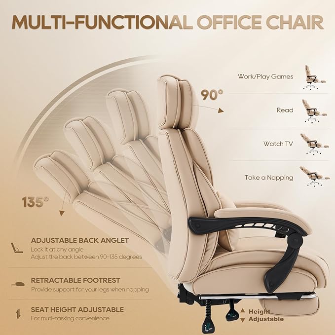 COLAMY Office Chair with Retractable Footrest, Ergonomic High Back Design Executive Computer Desk Chair with Removable Lumbar Pillow, 90-135°Reclining, Thick Bonded Leather for Home Office Work, Khaki