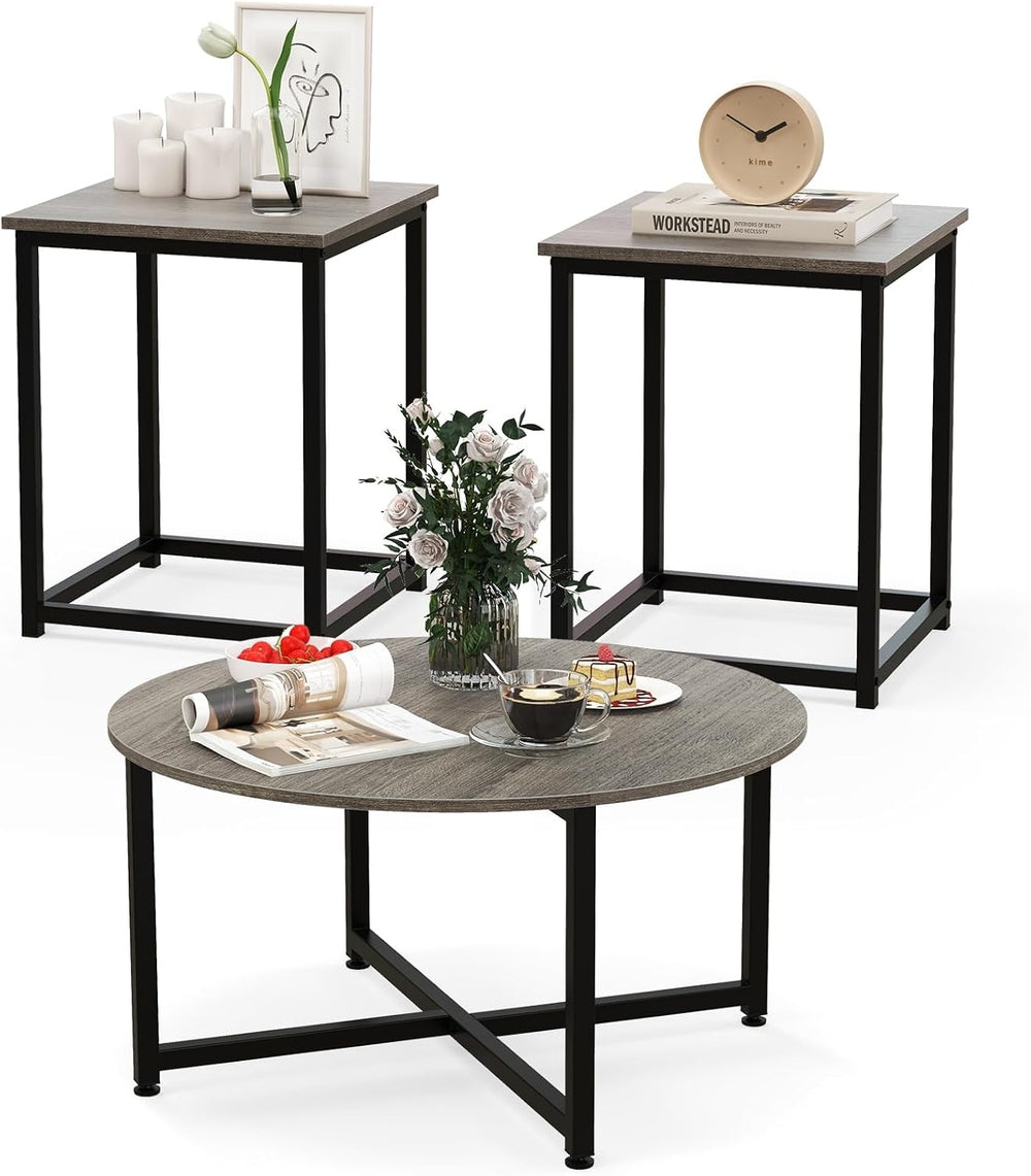 COSTWAY Coffee Table Set of 3, Wood Grain Round Coffee Table and 2 Square End...