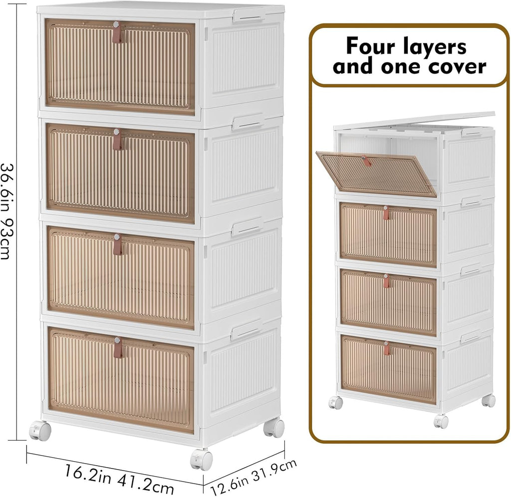 4 Tier Stackable Storage Bins with Lids, 28Qt Plastic Storage Containers with Magnetic Doors & Wheels, Convenient Storage Bins Closet Organizers, Rigid Household Organization for Home
