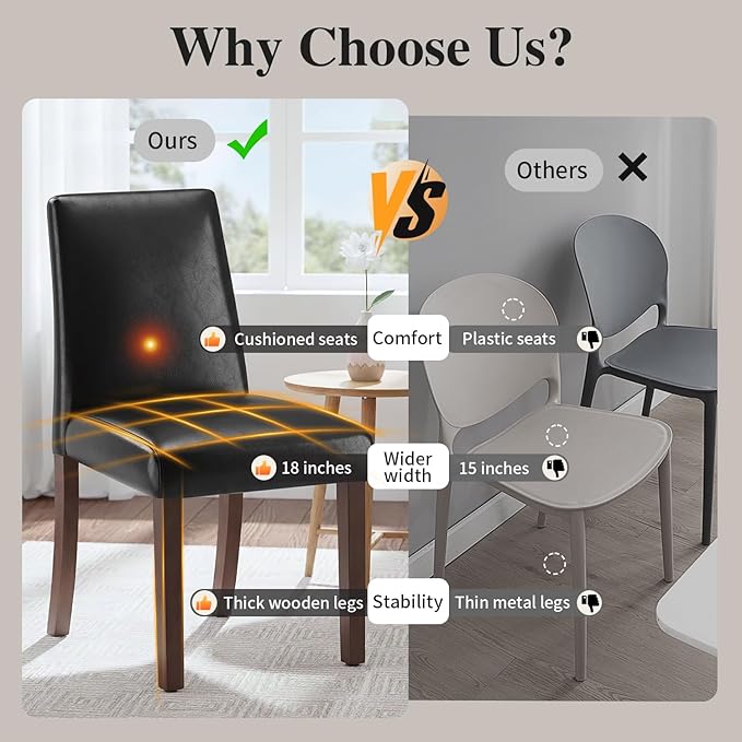 Dining Chairs Set of 2, Modern Dining Room Chairs with Wooden Legs, Faux Leather Upholstered Kitchen Farmhouse Parsons Chairs for Restaurant & Cafe- Black