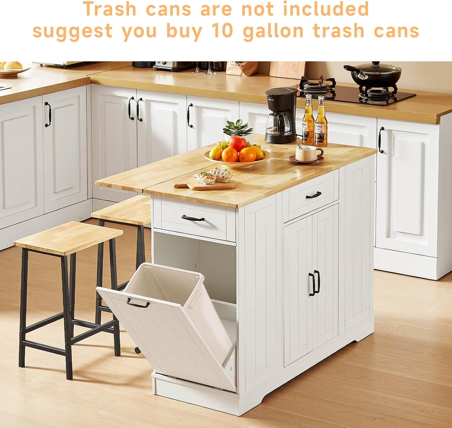 ONBRILL Stationary Kitchen Islands Include 2 Chairs, 47" Kitchen Island with Drop Leaf, Home Bar Table with Spice Rack & with Trash Cabinet, Island Table for Dining Room with Power Outlet, White