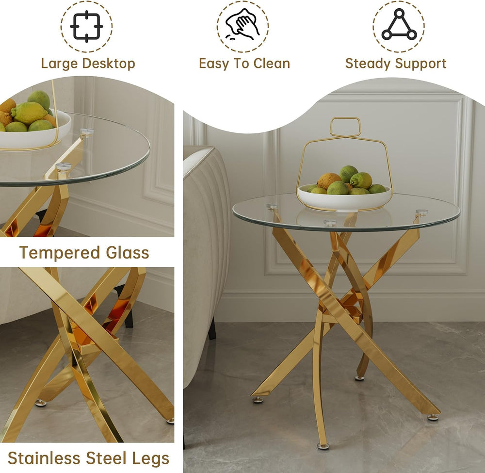 Round Glass End Table with Clear Tempered Glass Top & Cross Stainless Ste...