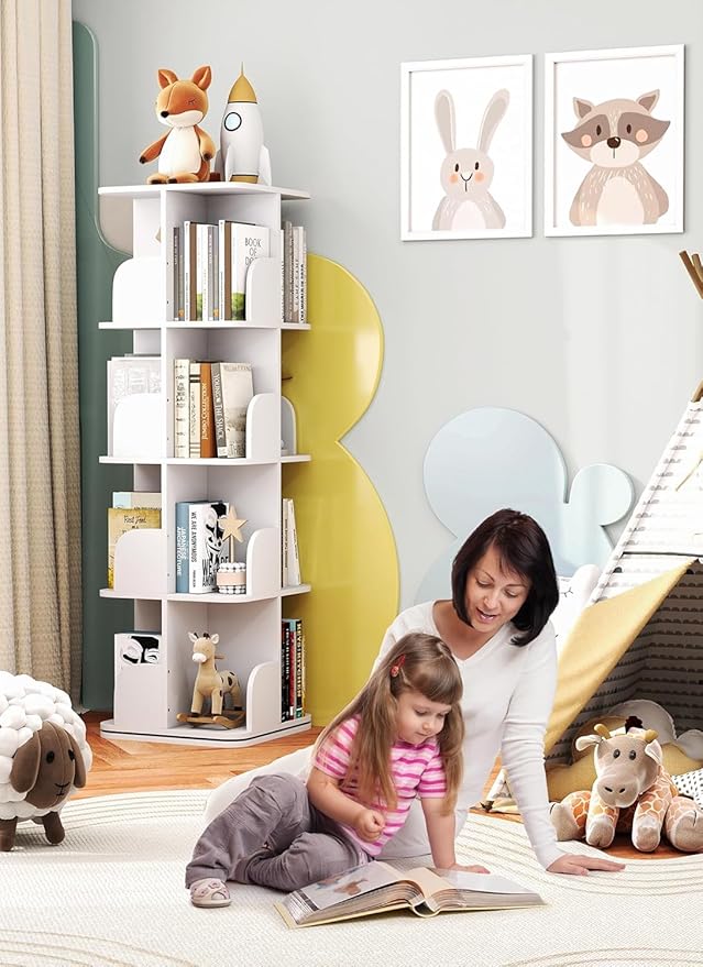 Rotating Bookshelf Tower, 4 Tier Small Spinning Corner Bookshelf for Small Spaces, 360 Display Kids Bookshelves Floor Standing Bookcase Storage Rack Wood Book Shelf Organizer for Bedroom Room, White