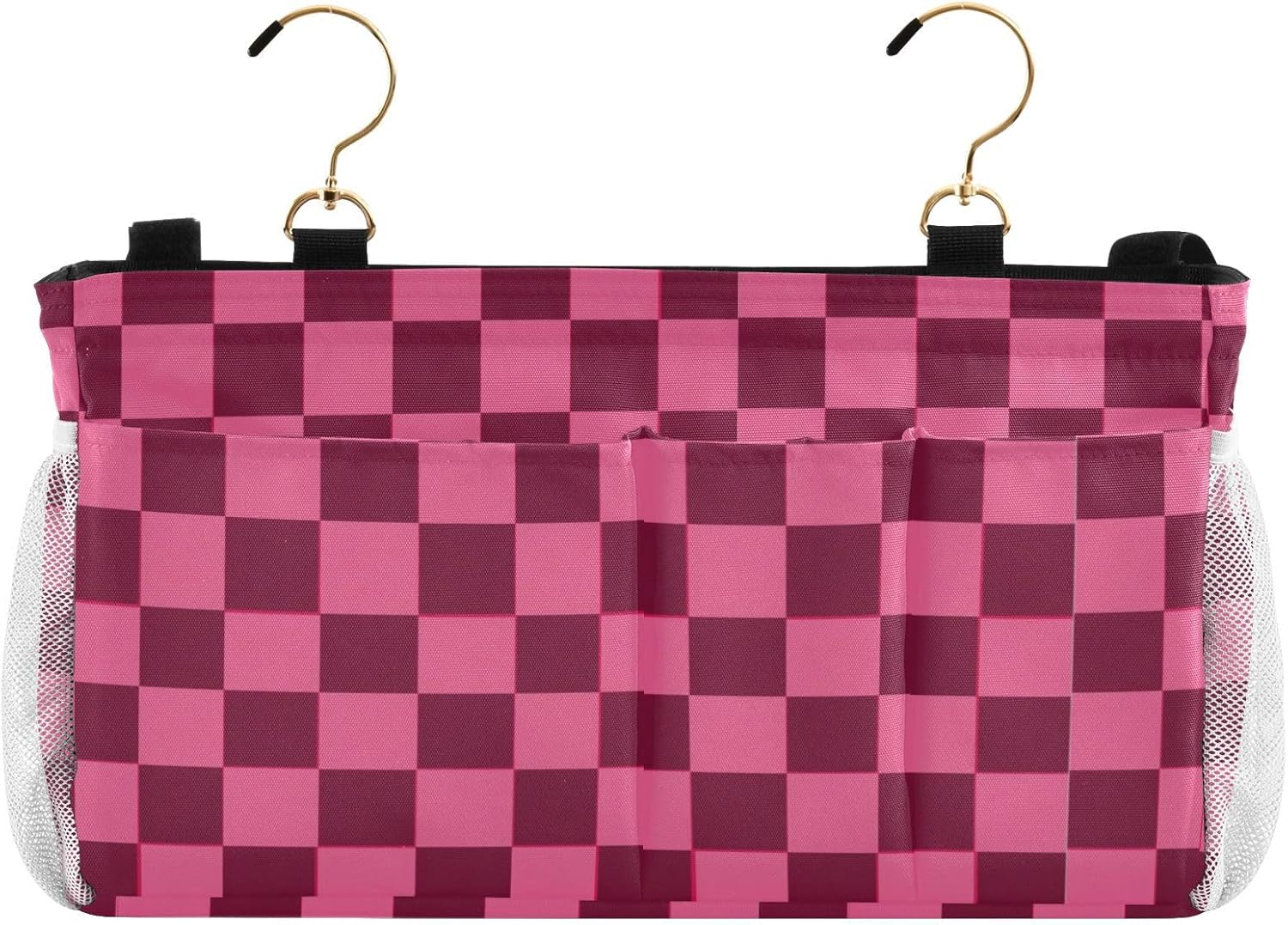Checkered Hot Pink Bedside Caddy for Dorm Bed Bedside Hanging Caddy Bag Iron Frame Storage Organizer Pocket for Bunk Home College Hospital Beds 2 Hooks
