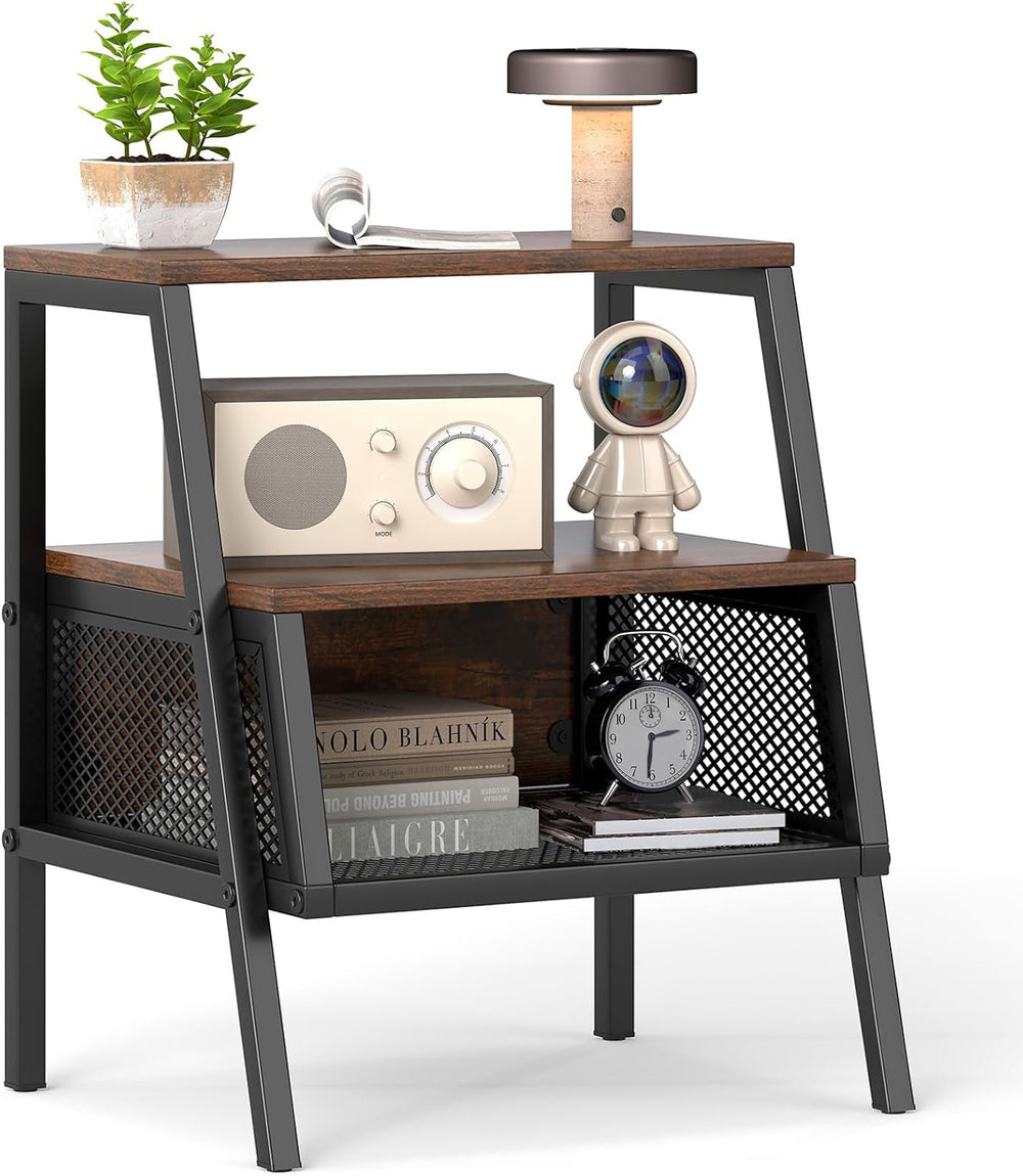 Giantex Industrial Nightstand, Modern End Table w/Open Shelves & Metal Me...