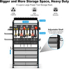 JUNNUJ Power Tool Organizer Floor Stand with Charging Station, Garage Adjustable Storage Rack Utility Tool Shelf with 8 Outlet Power Strip, Heavy Duty Drill and Battery Holder, Black