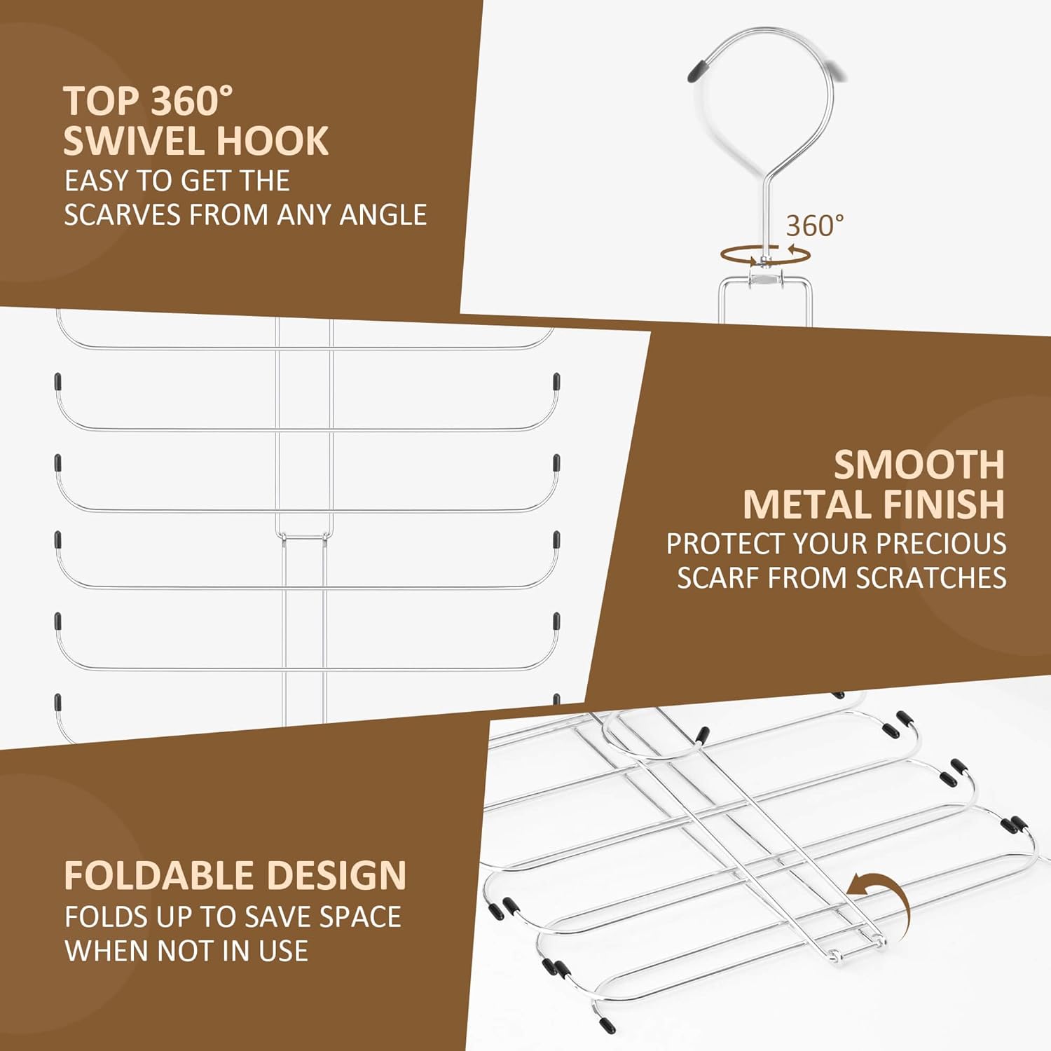 ZEDODIER Scarf Organizer Scarf Hanger for Closet, 2 Pack Rotatable Sturdy Hijab Holder Holds 40 Scarves, Space Saving Closet Organizers and Storage, Silver