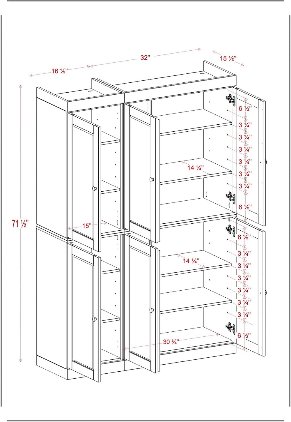 Palace Imports Solid Wood Kitchen Pantry Cabinet 71.5" Tall, 48.5" ...