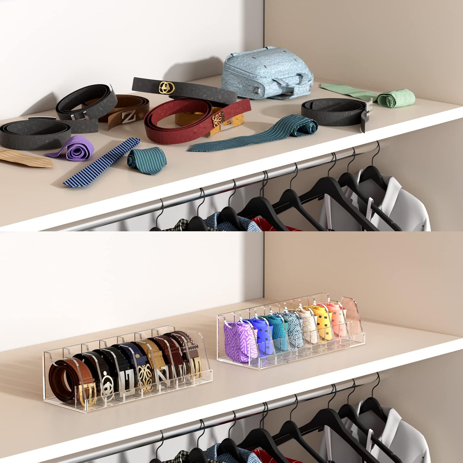 FEMELI Belt Organizer Acrylic Clear Case Storage Holder for Closet and Drawer, 7 Compartments Tie Box Container with Display Stand