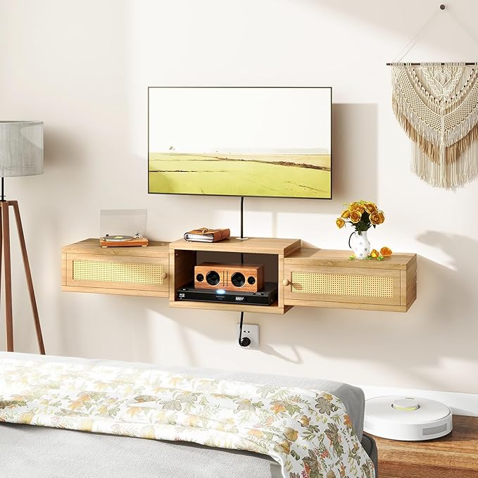 IBUYKE Modern Rattan Floating TV Stand with Doors,Wall Mounted TV Shelf for TVs up to 55 Inches,Media Console Entertainment Center for Under TV Storage Cabinet for Living Room Bedroom,Natural UWST012N