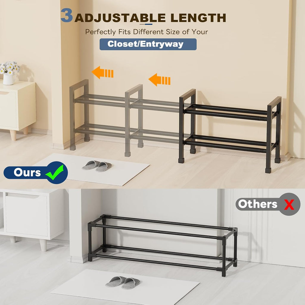 Mavivegue Expandable Shoe Rack, 2-Tier 19"-43.3" Adjustable Shoe Rack for Closet,Hall Entryway,Front Door,Garage, Sturdy Steel Space-Saving Rack, Black