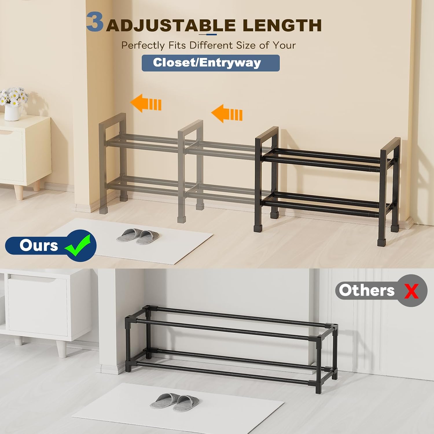 Mavivegue Expandable Shoe Rack, 2-Tier 19"-43.3" Adjustable Shoe Rack for Closet,Hall Entryway,Front Door,Garage, Sturdy Steel Space-Saving Rack, Black