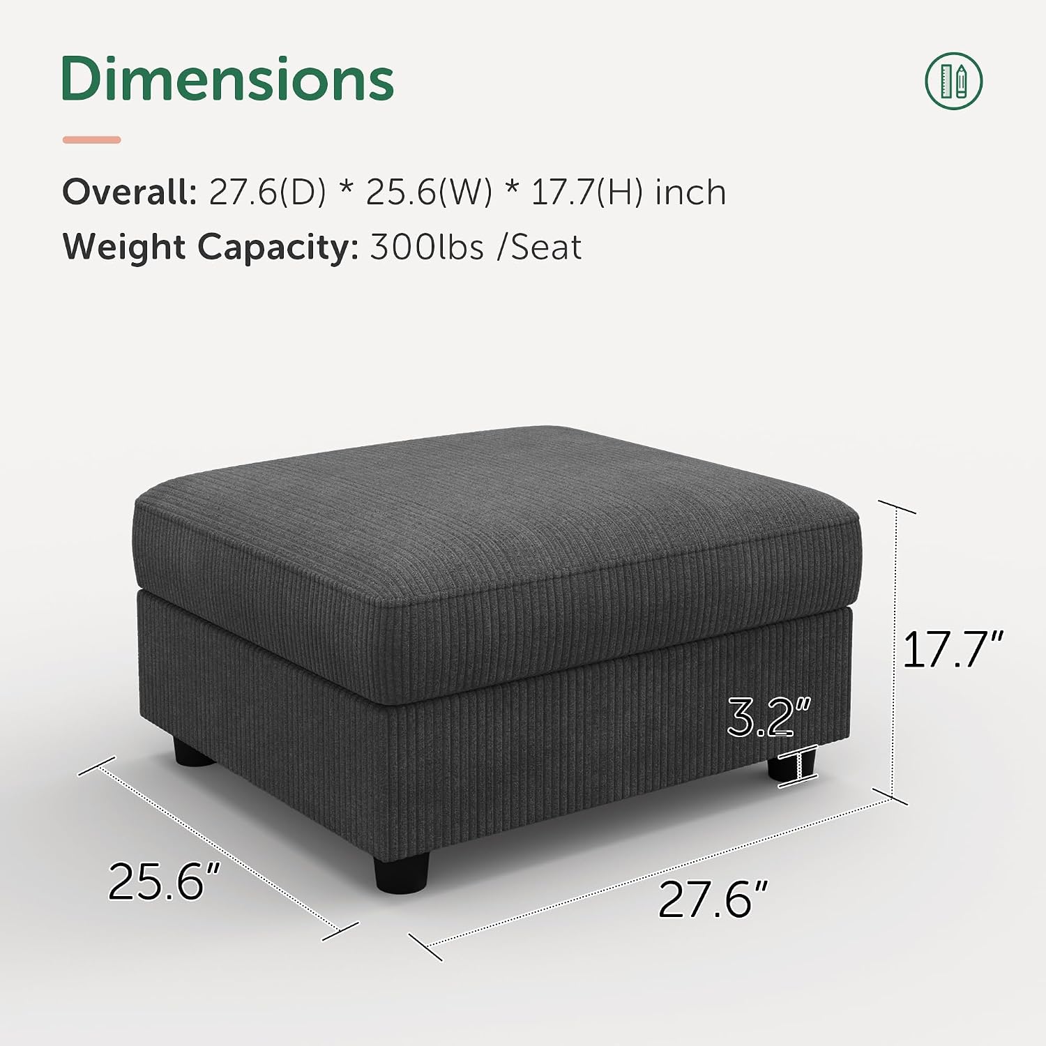 HONBAY Modern Corduroy Ottoman Module Sofa, Ottoman Bench with Storage, Dark Grey