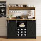 4ever2buy 47" Coffee Bar Cabinet with Storage Hutch & Wine Rack, Black | Coffee Bar Station with Sliding Barn Door, 7 Hooks and Adjustable Shelves for Kitchen, Dining Room, Living Room