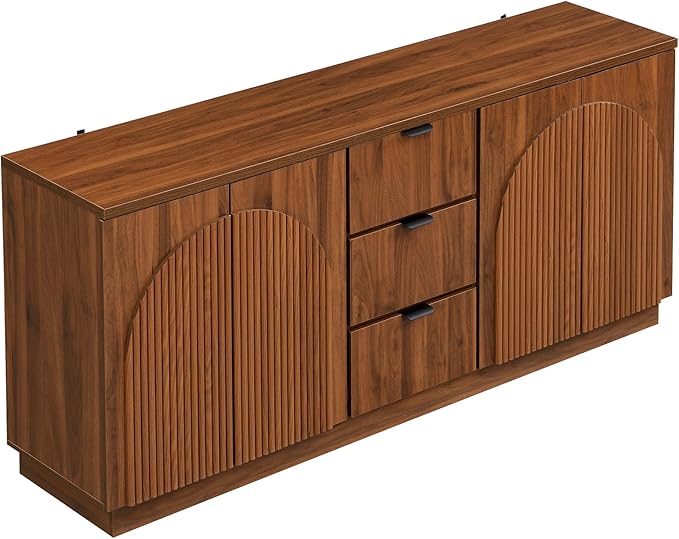 Yechen 67" Walnut Fluted TV Stand with Arched Reeded Design Doors & 3 Drawers, Modern Entertainment Center with Storage for TV up to 75", TV Media Console, TV Cabinet for Living Room, Bedroom