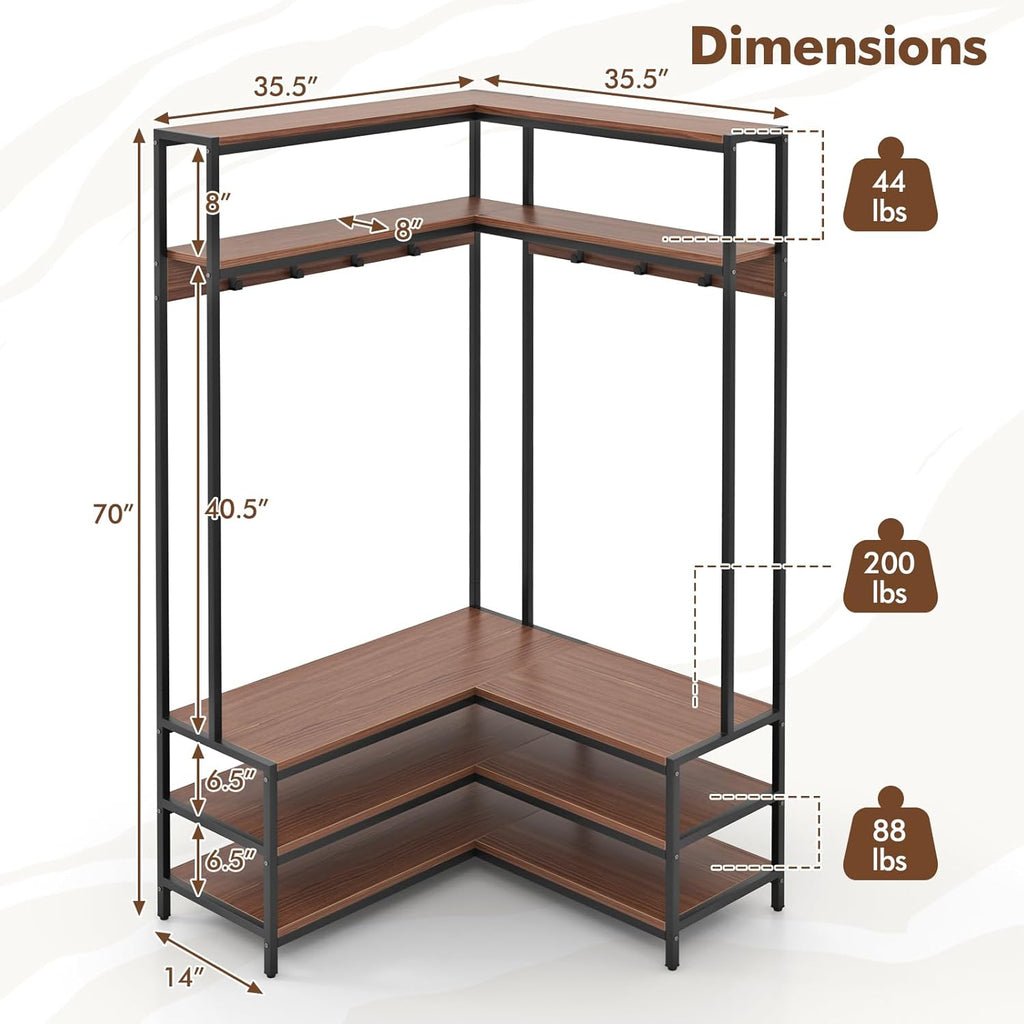 Tangkula Corner Hall Tree, 70 Inch Coat Rack with Bench and Shoe Storage, Entryway Furniture with 7 Hooks, Heavy Duty Metal Frame, Space Saving Clothes Rack Shoes Shelf Organizer (Brown)