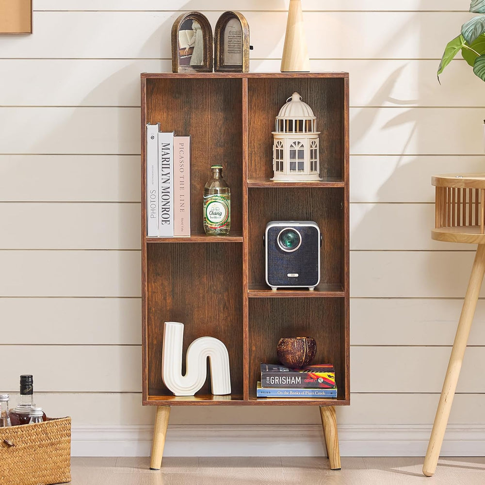 LEYAOYAO 5 Cube Small Bookshelf,3 Tier Mid-Century Bookcase with Legs,Wood Bo...