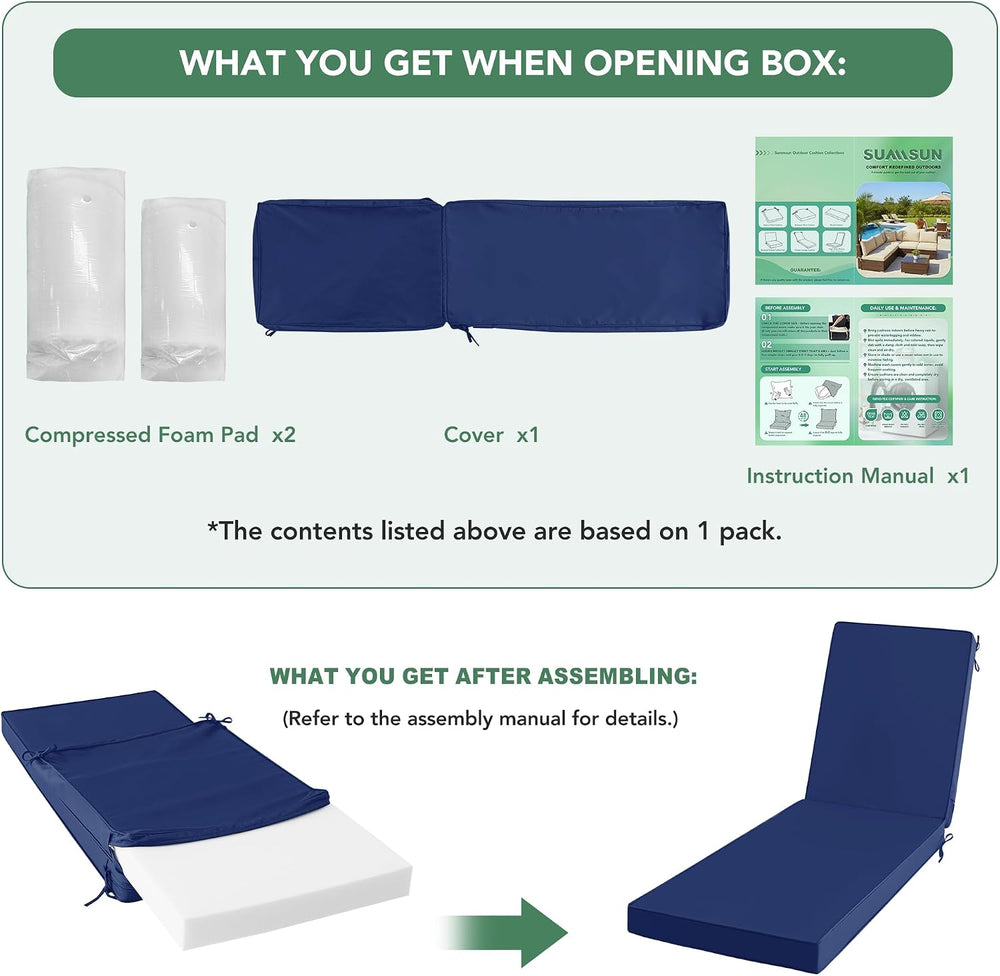Summsun Outdoor Chaise Lounge Cushions Set of 2, 80 x 26 x 3 Inch, Navy