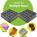 24-Cell Drawer Organizer, 4-Pack 12x12x4in Gray | Foldable storage box, 24 cells, 12x12x4 inches, maximizes drawer/wardrobe space, for socks/underwear/bras/ties.