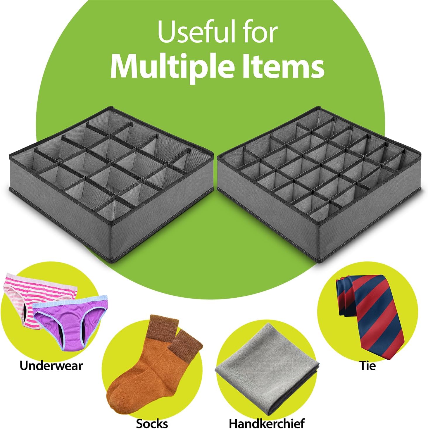 24-Cell Drawer Organizer, 4-Pack 12x12x4in Gray | Foldable storage box, 24 cells, 12x12x4 inches, maximizes drawer/wardrobe space, for socks/underwear/bras/ties.