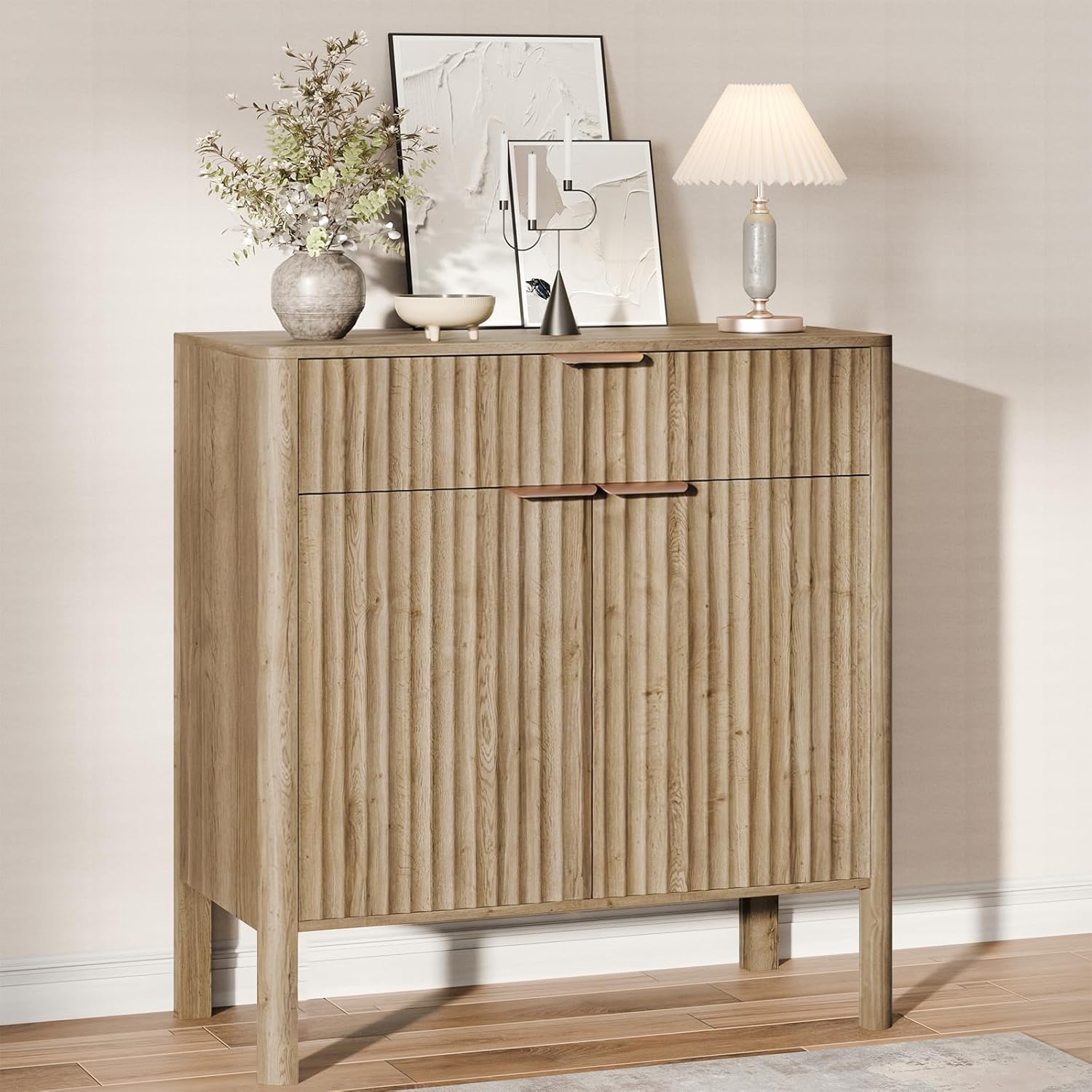 Fluted Buffet Cabinet Accent with Doors & Drawer 31" Oak | Anti-tipping Design, Scratch & Water-resistant, Pre-drilled Easy Assembly Versatile for Kitchen, Entryway & Living Room