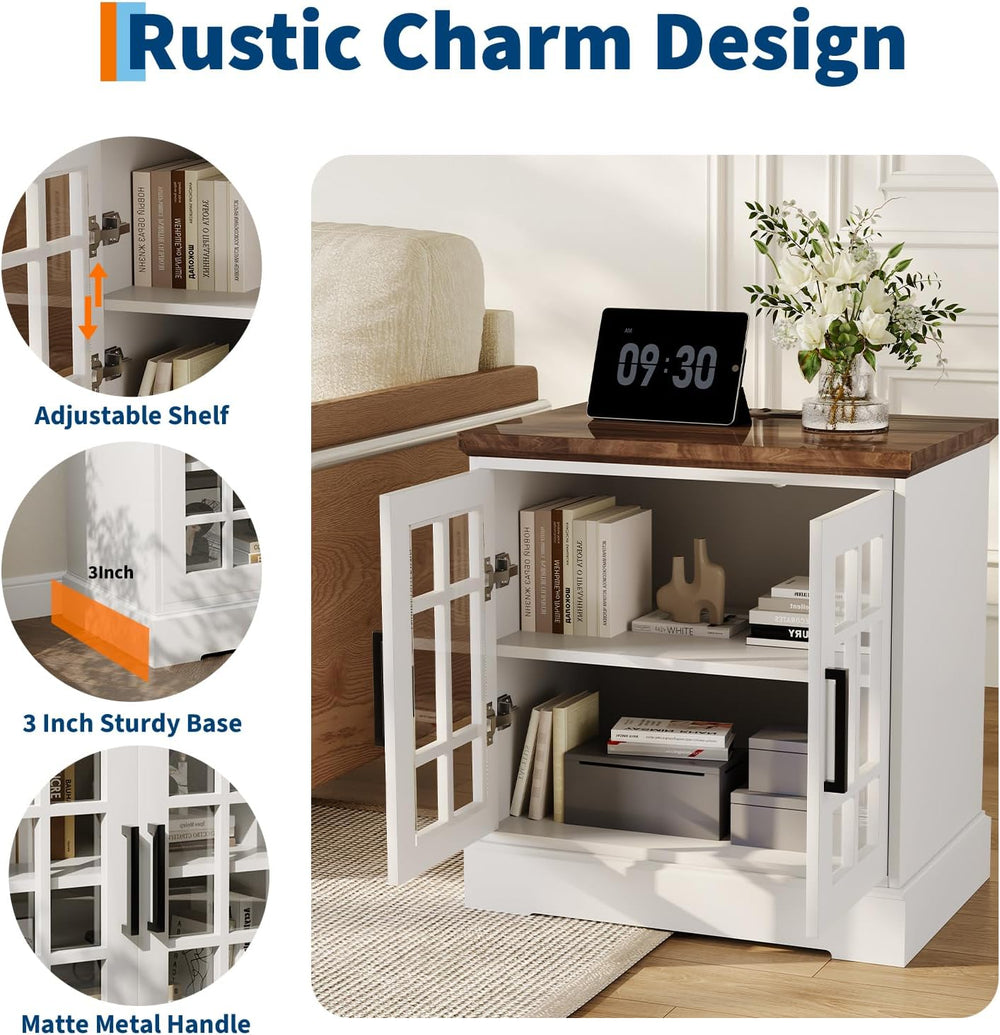 24" Farmhouse Nightstand with Charging Station, End Table with Tempered ...