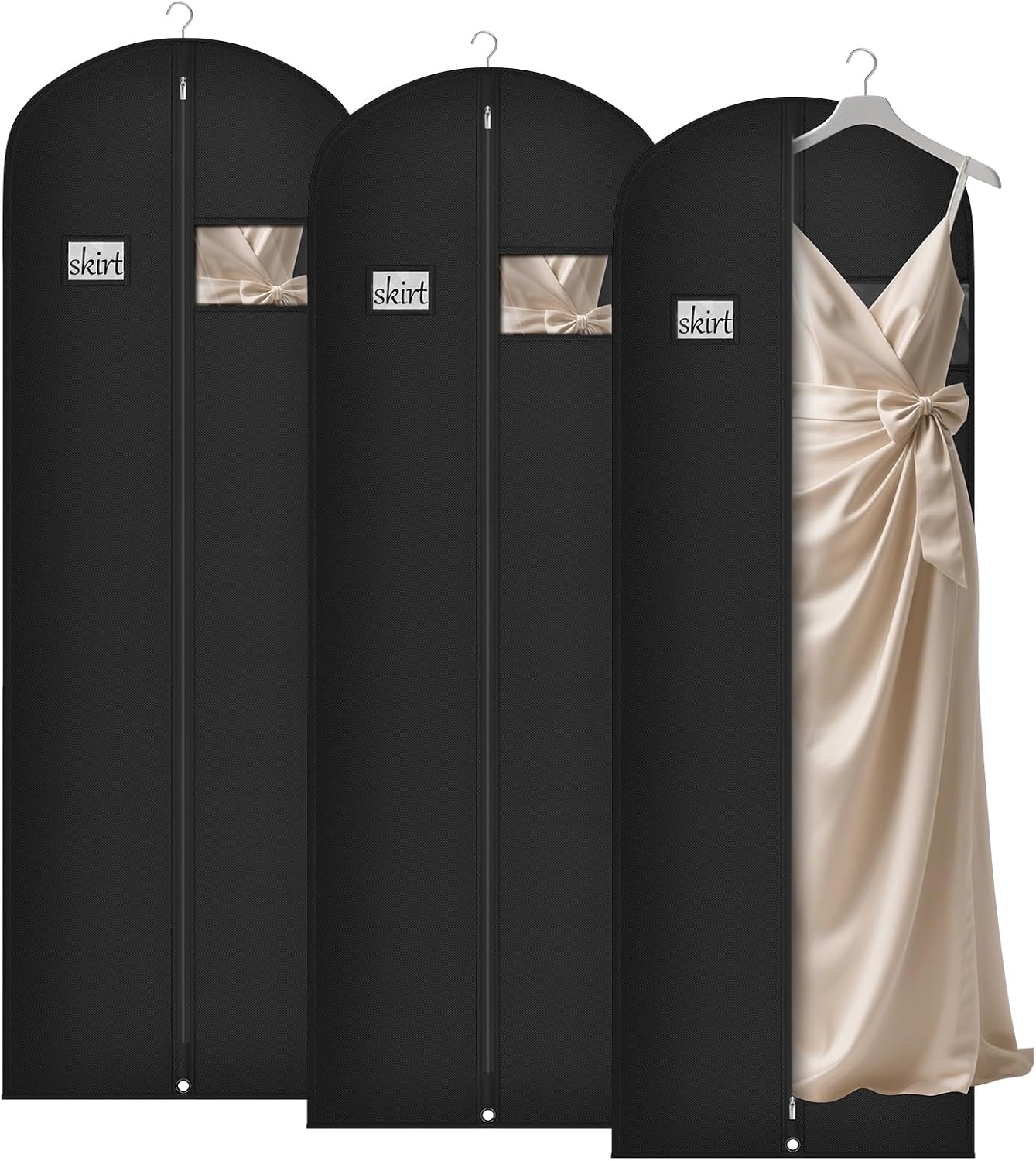 Syeeiex 72 Inch Dress Bags for Gowns, Dress Garment Bag, Set of 3, Black | Breathable Suit Bag, Dustproof Hanging Garment Bag, Clear Window and ID Card Holder for Fur Coat and Long Dress Gown