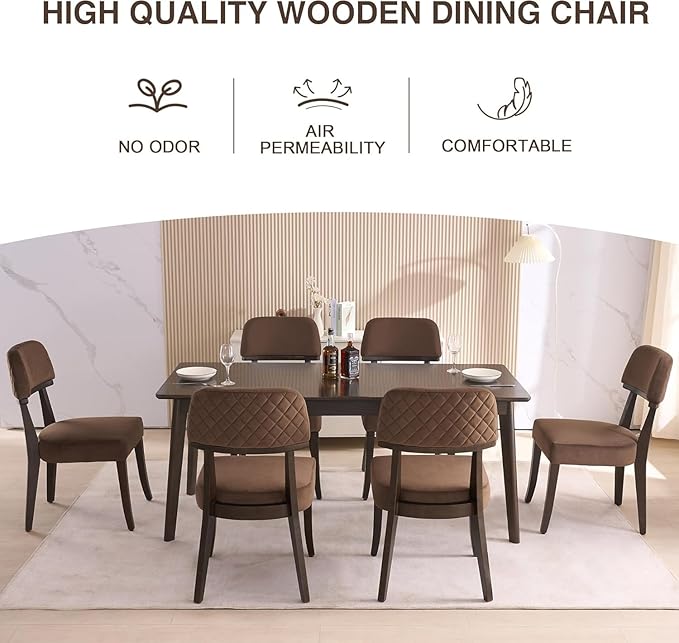 Modern Wood Dining Chairs Set of 4, Velvet Upholstered Kitchen Chairs with Open Curved Backrest & Black Hardwood Legs for Vanity, Living Room, 350 LBS Capacity, Brown