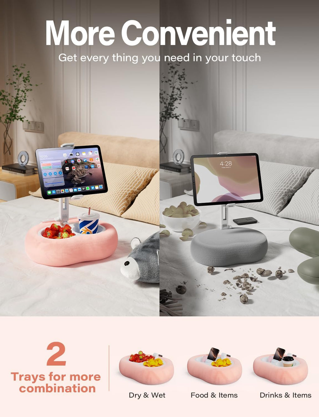 Tablet Kindle Pillow Stand Holder with 2 Trays Fit 4''-13'' Phone/Tablet/Kindle iPad Holder Stand for Bed with Soft Plus Fabric Reading Accessories Gift, Pink
