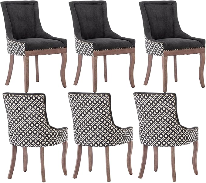 Modern Dining Chairs Set of 6, High Back Dining Chairs Side Chairs with Solid Wood Legs, Upholstered Fabric Dining Room Chairs for Dining Room Kitchen, Black and Patterned