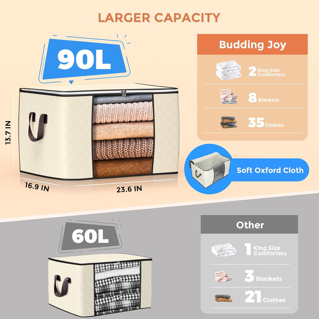 90 L Large Storage Bags, 6 Pack Clothes Storage Bins Foldable Closet Organizers Storage Containers with Reinforced Handle for Clothing, Blanket, Comforters, Bed Sheets, Pillows and Toys (Beige)