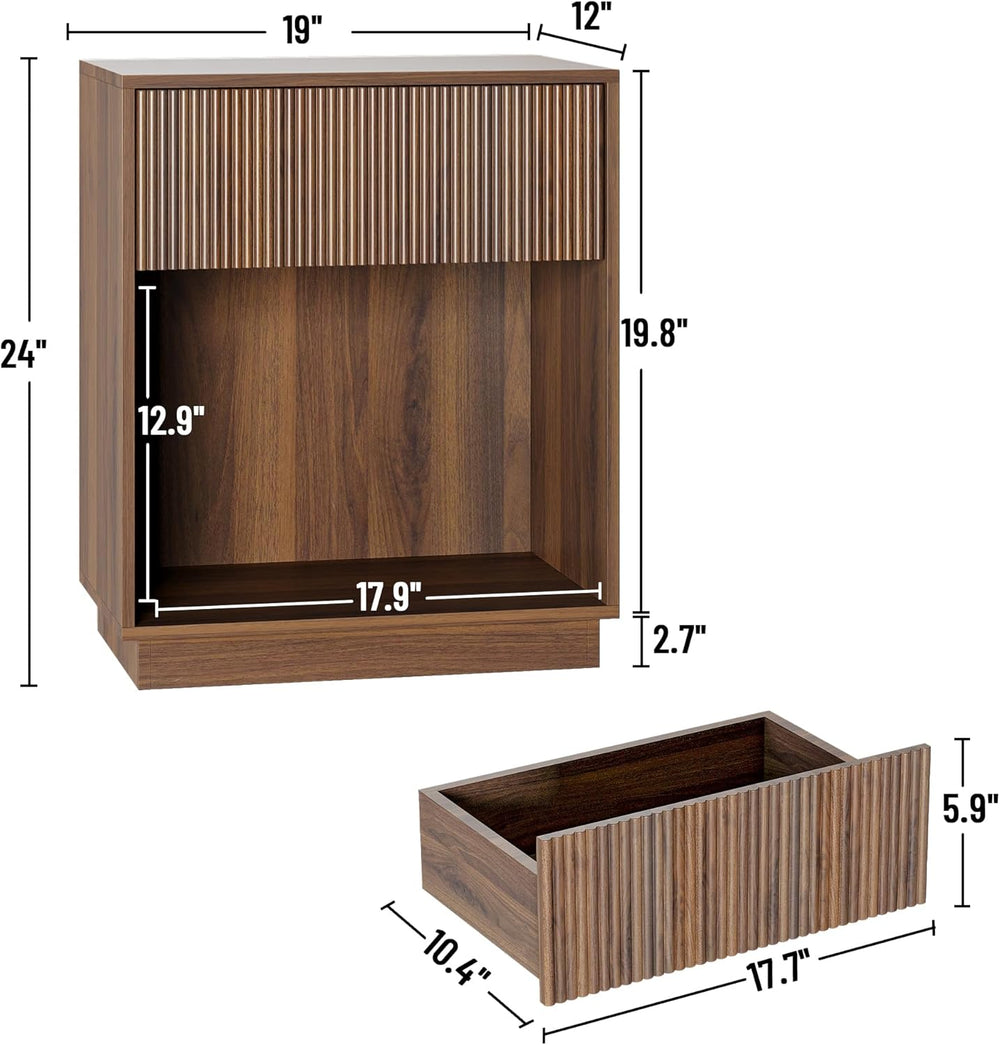 Fluted Nightstands Set of 2, Modern Bedside Table with Storage Drawer and Ope...